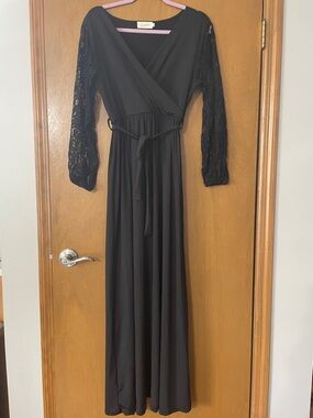 Black Lace-Sleeve Wrap Top Maxi Dress
